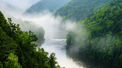 serene river flows through lush green valley, surrounded by misty mountains and dense forests. tranquil scene evokes sense of peace and connection with nature