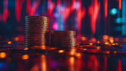 A pile of coins on a table with a red background. The coins are stacked on top of each other