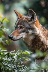 A close-up of a coyote observing its surroundings in a lush forest setting