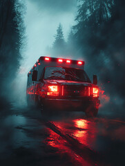 A red ambulance travels on a foggy forest road at night, with ominous lighting and mist creating a suspenseful, eerie atmosphere.