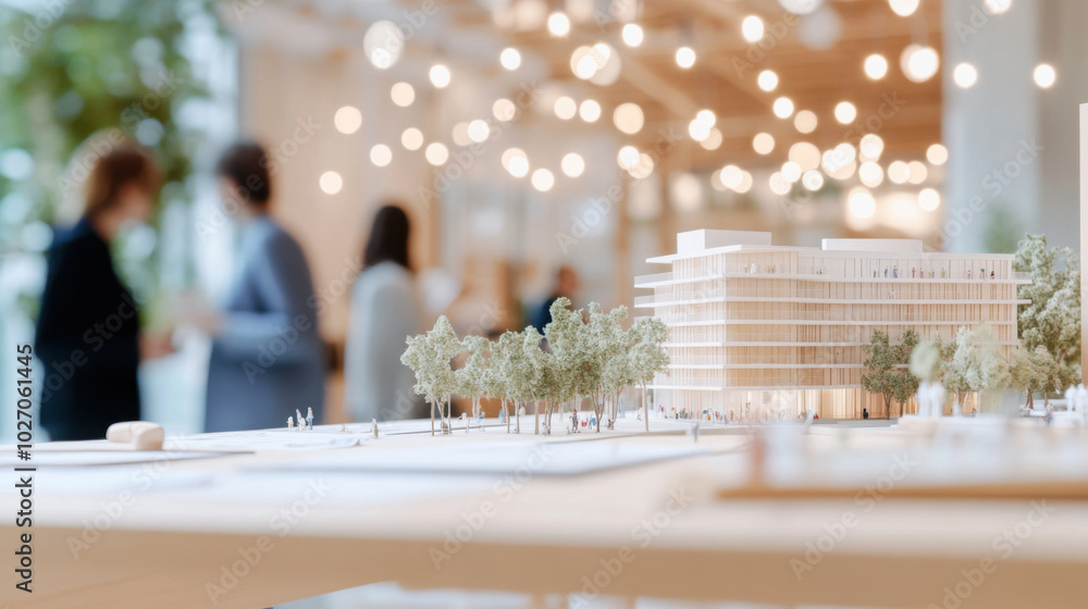 Poster professional architect presents detailed building model to client in modern office environment, surr