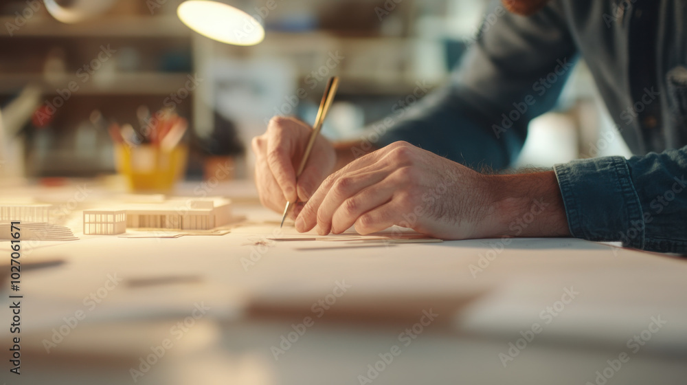 Aufkleber architect working on model building, sketching designs with precision and focus. workspace is filled