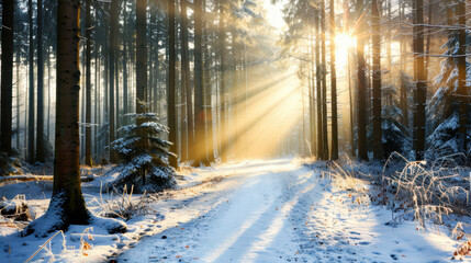 Naklejka premium serene winter forest scene with sunlight streaming through tall trees, illuminating snowy path. tranquil atmosphere evokes sense of peace and wonder