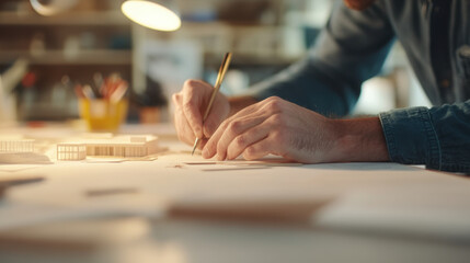 Architect working on model building, sketching designs with precision and focus. workspace is filled with tools and materials, showcasing creativity and dedication