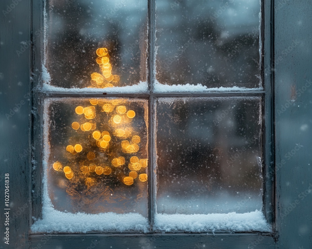 Wall mural A frosted windowpane reveals a warm, inviting Christmas tree inside a home during a snowstorm.