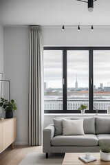 Fototapeta premium Minimalist living room with panoramic city view.