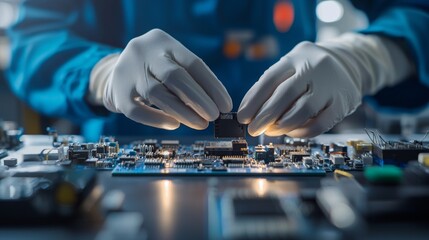 Technician working on a circuit board with gloves in a modern lab.