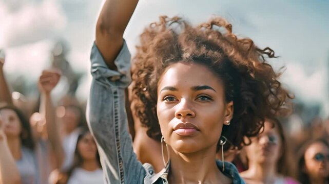 A woman with curly hair raises her fist in the air during a protest for social justice, Emphasizing the ongoing fight for social justice