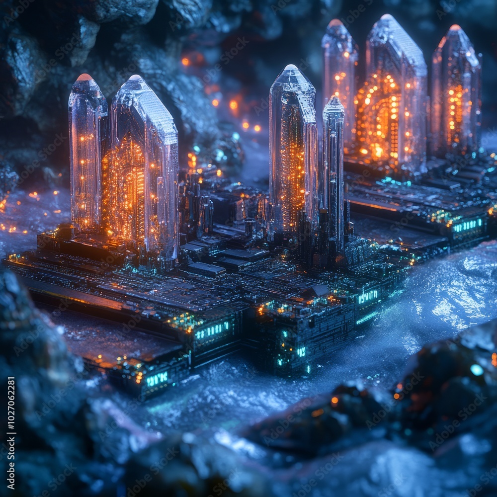 Poster A futuristic city made of glowing crystal towers nestled within a rocky, cavernous landscape.