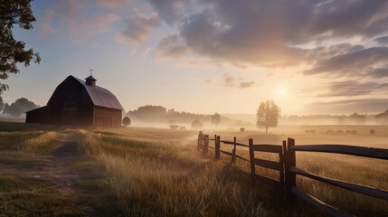 Fototapeta premium serene sunrise over rustic barn, surrounded by misty fields and grazing cattle, creates peaceful rural landscape. warm light enhances beauty of nature