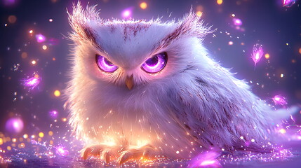 Mystical Owl with Purple Glowing Eyes: A majestic white owl with piercing purple eyes, surrounded by shimmering lights and magical purple dust. It's a captivating image.