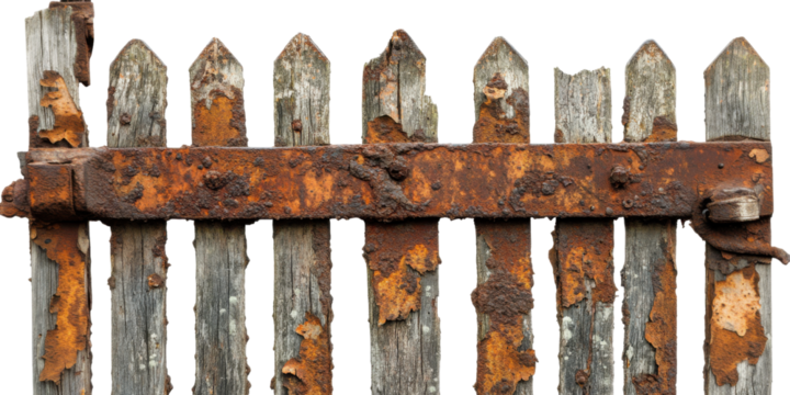 Weathered wooden fence with rust and texture.
