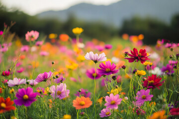 Fototapeta premium Colorful wildflowers bloom in a vibrant field during a sunny afternoon