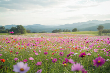 Obraz premium Colorful wildflower field in the mountains during a sunny afternoon