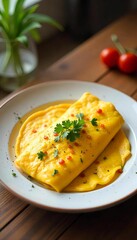 A fluffy yellow omelet filled with diced red bell peppers and garnished with fresh basil leaves on a white plate