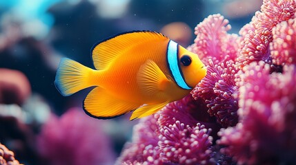 Obraz premium A bright orange and blue clownfish swims near a coral reef.