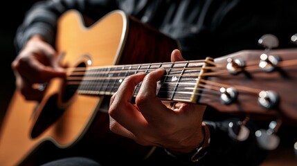 Fototapeta premium Close-up of hands playing acoustic guitar on a dark background, highlighting craftsmanship and musical passion.