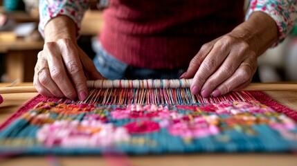 Close-up of hands weaving colorful threads into intricate patterns on a loom.