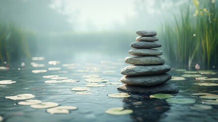 Obraz premium Stacked Stones Resting on Lily Pads in a Misty Pond