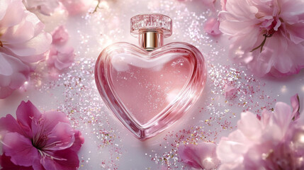 Delicate heart-shaped perfume bottle surrounded by pink blossoms and glitter