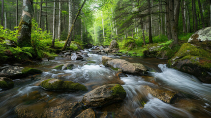 Fototapeta premium serene forest scene featuring flowing stream surrounded by lush greenery and moss covered rocks. tranquil atmosphere invites sense of peace and connection with nature