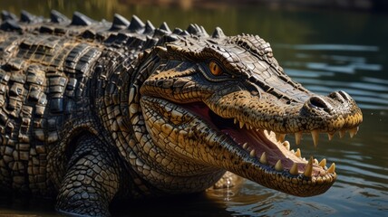 Obraz premium A crocodile basks in the warm sun on the riverbank. Its scaly skin glistens, and its powerful jaws reveal a series of sharp teeth.