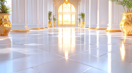 Grand Hallway: Gleaming white marble floors and columns lead towards a grand golden-trimmed doorway, bathed in warm light. The elegant space is decorated with potted plants.
