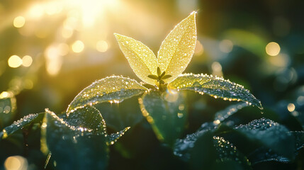 Morning sunlight illuminates dew-kissed leaves in a serene garden setting
