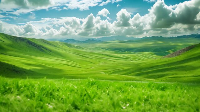 A breathtaking view of a vast meadow with rolling hills and a blue sky filled with fluffy clouds, Endless expanse of lush green meadows