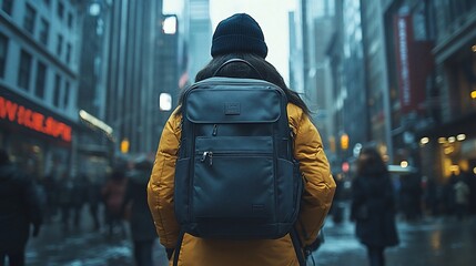 A person in a yellow jacket and a black beanie walks through a busy city street, carrying a black backpack.
