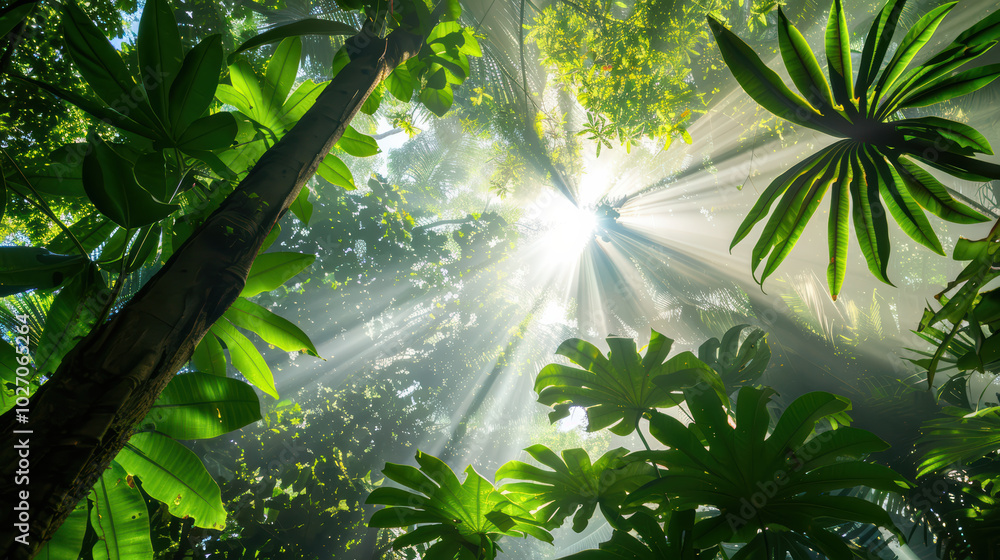 Poster lush green foliage fills scene as sunlight streams through dense canopy, creating serene and tranqui