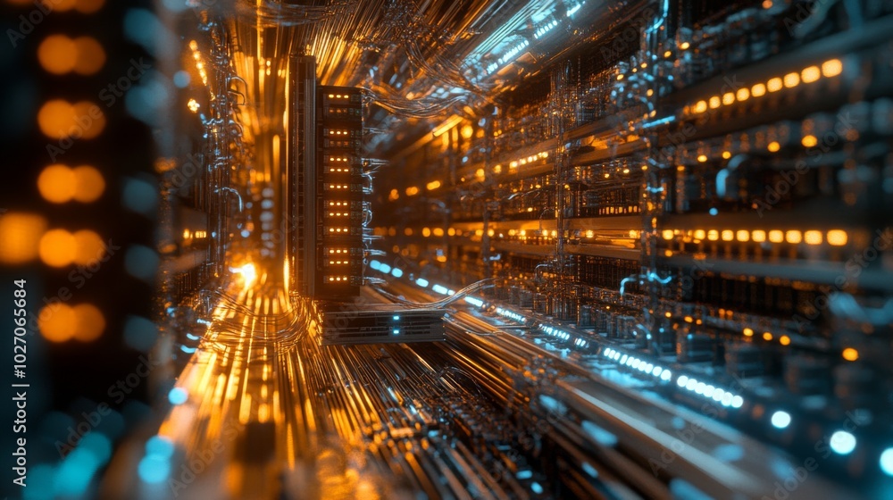 Poster abstract futuristic data center with glowing lights and intricate wiring.