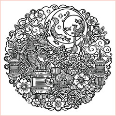 lunar new year,Chinese dragon,
Dragon with round shield, cut, out vector, silhouette,
fantasy, mythology, reptile, tattoo, characters, clip art, cut out, luxury, mascot, medieval, monochrome, prosperi