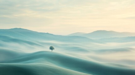 A Single Tree Standing Tall Amidst Rolling Green Hills and Foggy Mist
