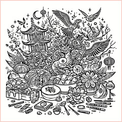 lunar new year,Chinese dragon,
Dragon with round shield, cut, out vector, silhouette,
fantasy, mythology, reptile, tattoo, characters, clip art, cut out, luxury, mascot, medieval, monochrome, prosperi