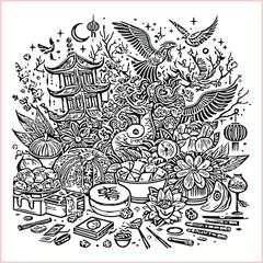 lunar new year,Chinese dragon,
Dragon with round shield, cut, out vector, silhouette,
fantasy, mythology, reptile, tattoo, characters, clip art, cut out, luxury, mascot, medieval, monochrome, prosperi