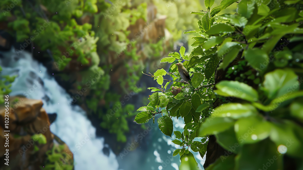 Poster lush green leaves frame stunning waterfall cascading into serene pool below, creating tranquil and r