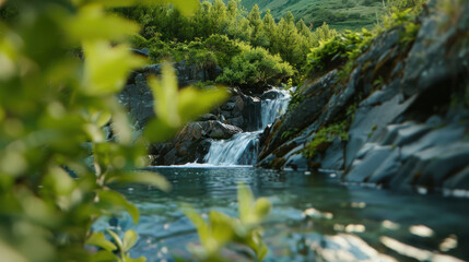 serene waterfall cascades over rocky terrain, surrounded by lush greenery and tranquil waters. scene evokes sense of peace and natural beauty, inviting viewers to connect with nature