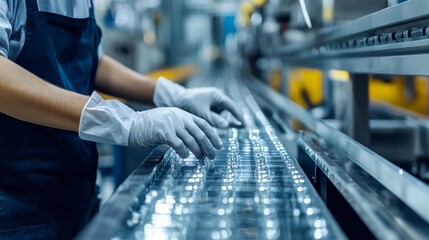 A worker in gloves inspects glass bottles on a production line in a factory setting.
