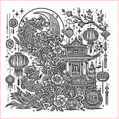 lunar new year,Chinese dragon,
Dragon with round shield, cut, out vector, silhouette,
fantasy, mythology, reptile, tattoo, characters, clip art, cut out, luxury, mascot, medieval, monochrome, prosperi