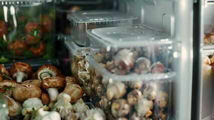 Close-up of a refrigerator interior, showing various containers filled with fresh mushrooms and other produce, Ensuring proper temperature control during food preparation and storage