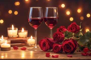 Roses, two glasses of red wine and candles on the table