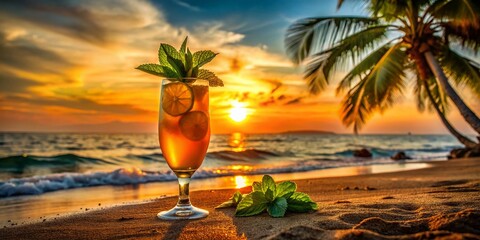 Tropical Cocktail Delight with Orange and Mint on Beach at Sunset