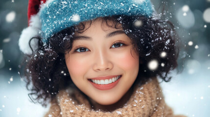 Young woman smiling joyfully in winter attire during a snowy celebration