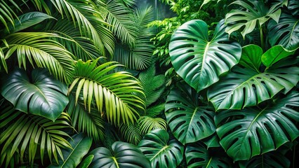 Tropical Jungle Foliage Arrangement with Monstera and Palm Leaves on White Background for Nature-Themed Decor
