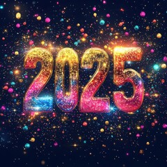 Happy New Year 2025 Glowing "2025" numbers in vibrant hues of gold
