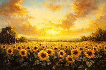 Fototapeta premium Craft a vibrant, panoramic view of a blooming sunflower field under a golden sunset, capturing the essence of summertime in intricate detail using colorful oil paints