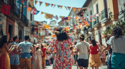 Obraz premium atmosphere of the Festa de Santa Catarina celebrations in the town square, colorful decorations with flowers and flags, Ai generated images