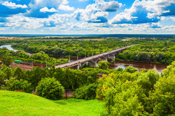 Fototapeta premium Klyazma river bridge aerial view, Vladimir