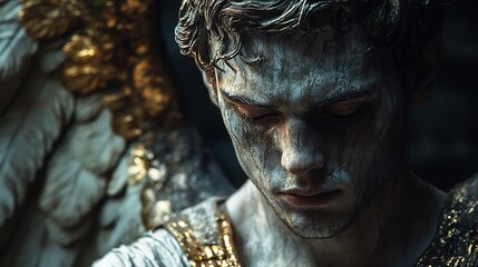 16k detailed CGI statue of a winged muscular man in a toga the white marble weathered with golden cracks Dramatic lighting from a dark background highlights the realism of ancient Greek art